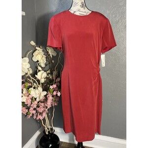 David Warren NY Silk Sheath Dress Sz 16 Womens Red Short Sleeve Ruched Waist NWT